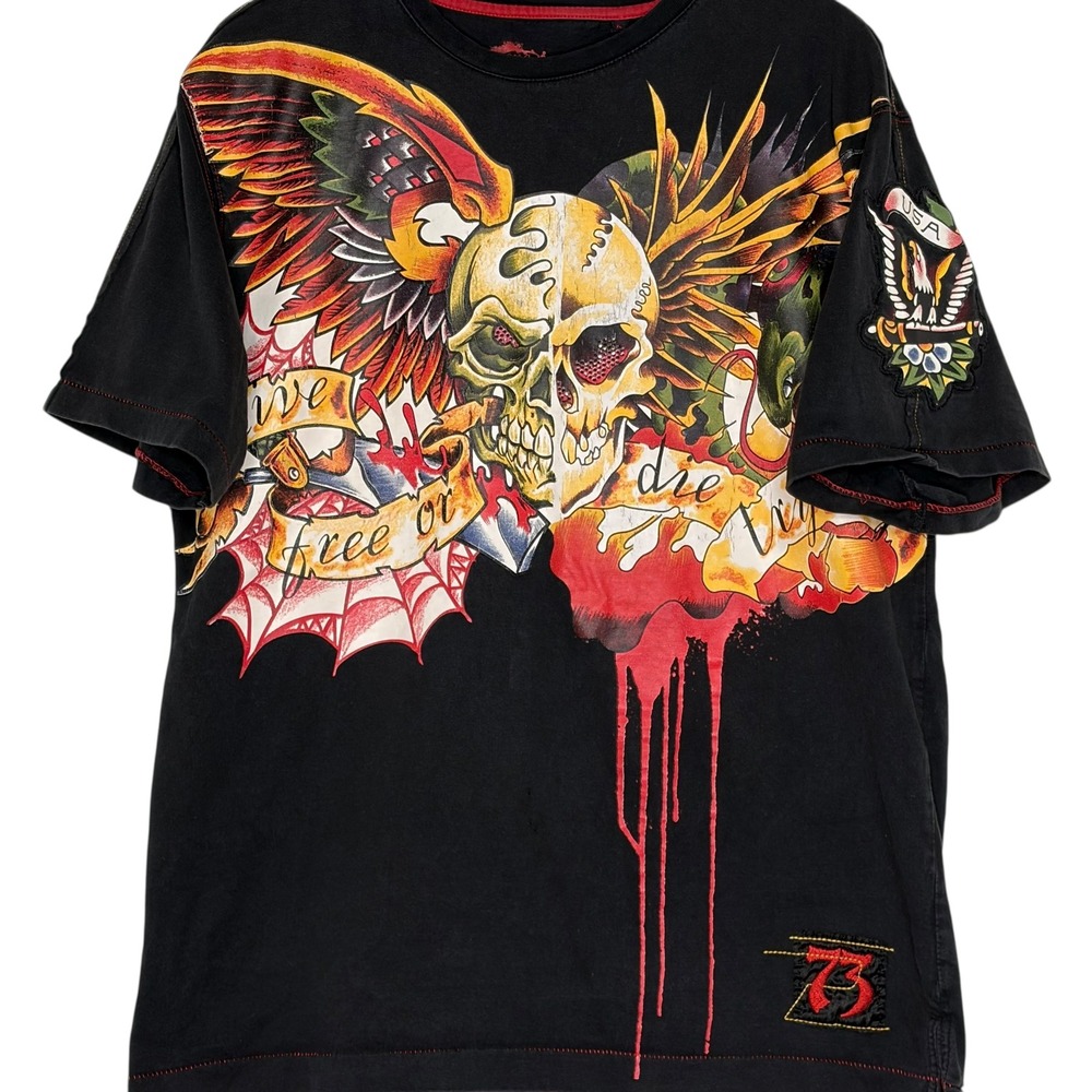 Y2K Pepe Jeans Graphic Tee Skull Wings Eagle Snake Tattoo Print Black Mens XL